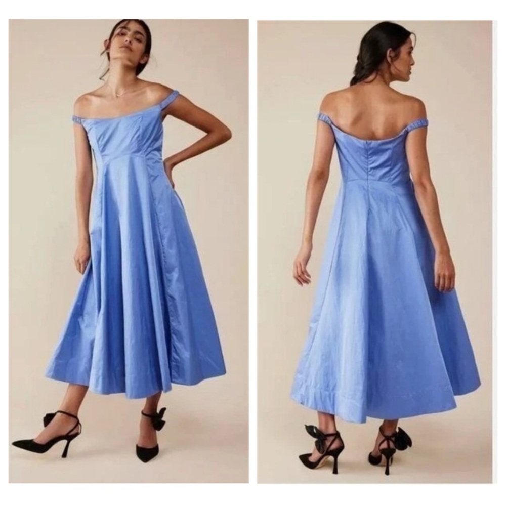 FREE PEOPLE Alinda Blue Off the Shoulder Midi Dress Pockets size 4 NWT $228.00